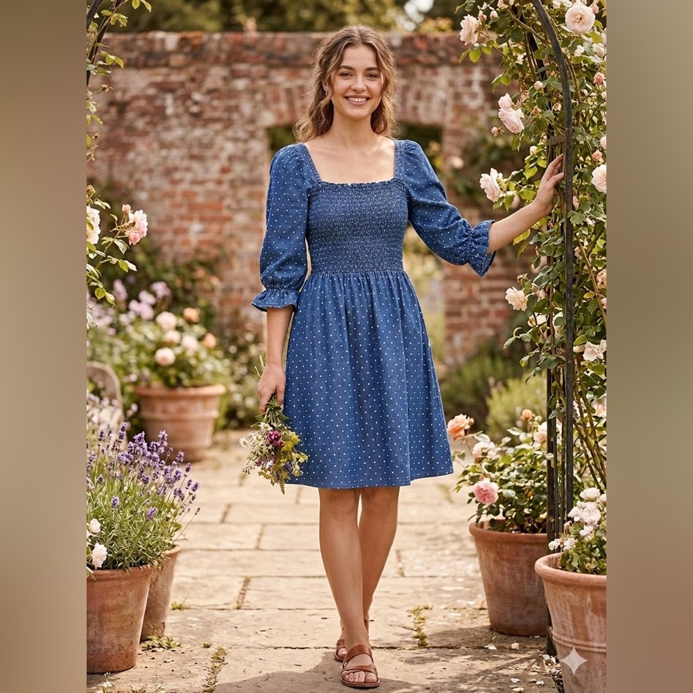 Kings‎ Road Smocked Square Neck Blue Polka Dot Dress